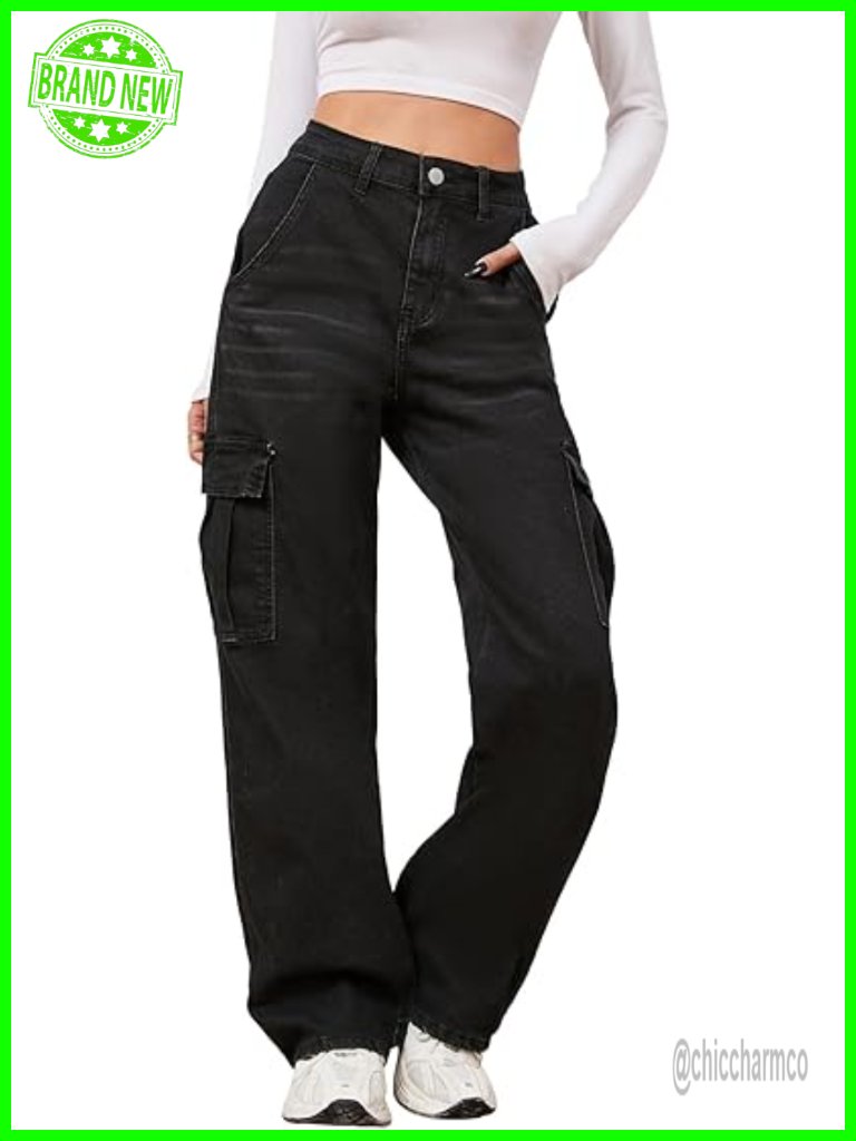 High Waisted Cargo Jeans Straight Wide Leg Stretch Baggy Y2k Denim Pants